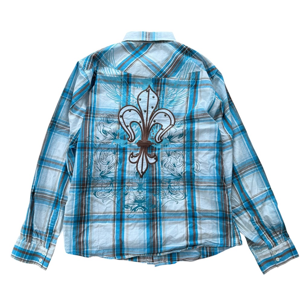 Seven Souls Plaid Western Button Up Shirt Fleur De Lis Studded Grunge XXL Blue